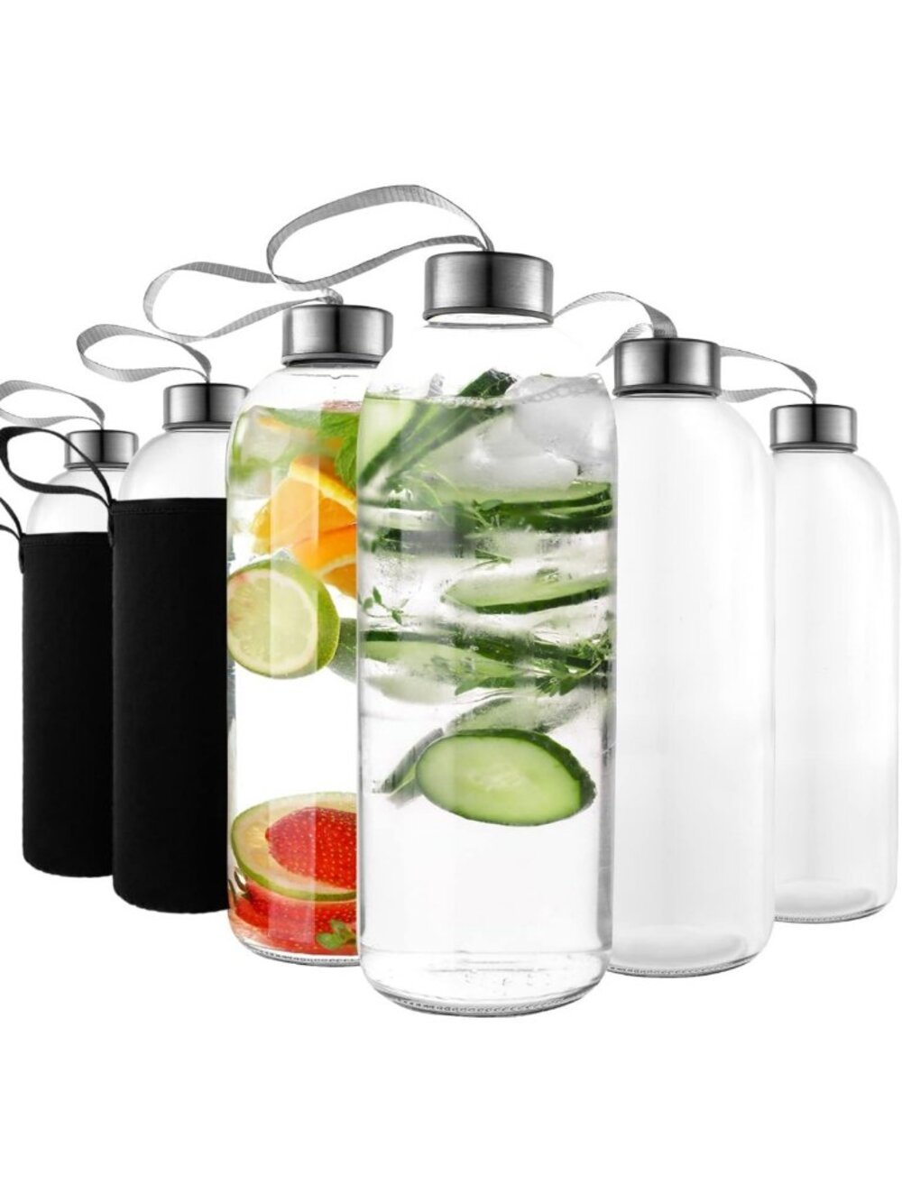 Reusable 32 oz Clear Glass Water Bottle Set of 12 with Caps & Sleeves - Perfect